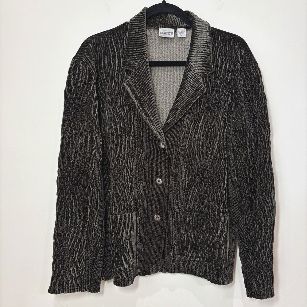 Chicos Textured Crinkle Jacket Women L Chocolate Brown Velvet Artsy Boho Indie